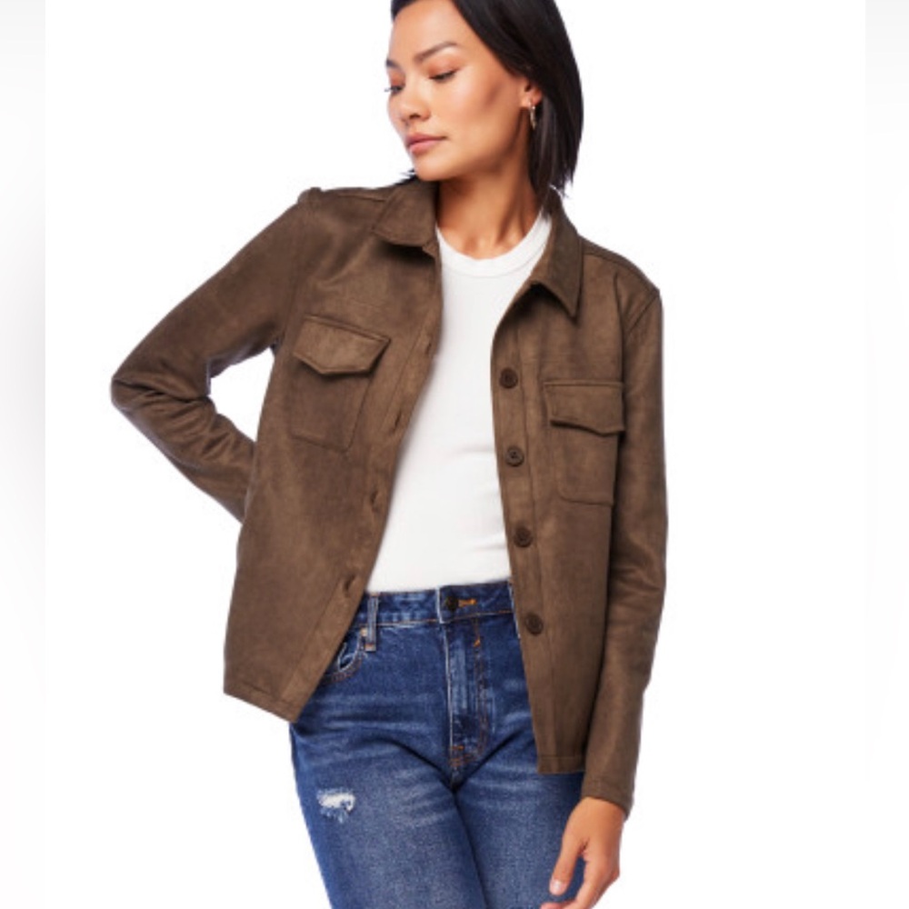 NWOT - SADIE & SAGE Women’s Olive Faux Suede Button-up Shacket w Pockets - Sz L
